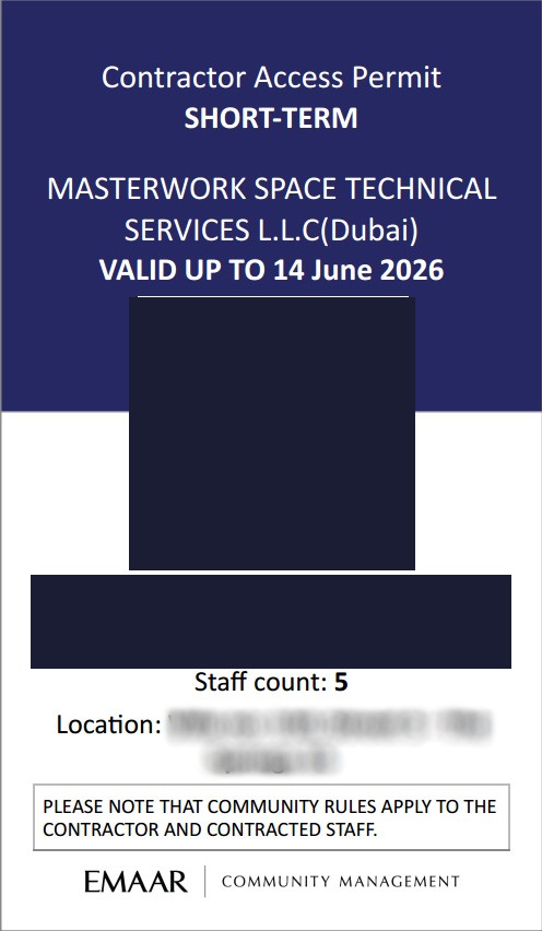 Emaar short-term contractor access permit, secured in one day (details redacted)
