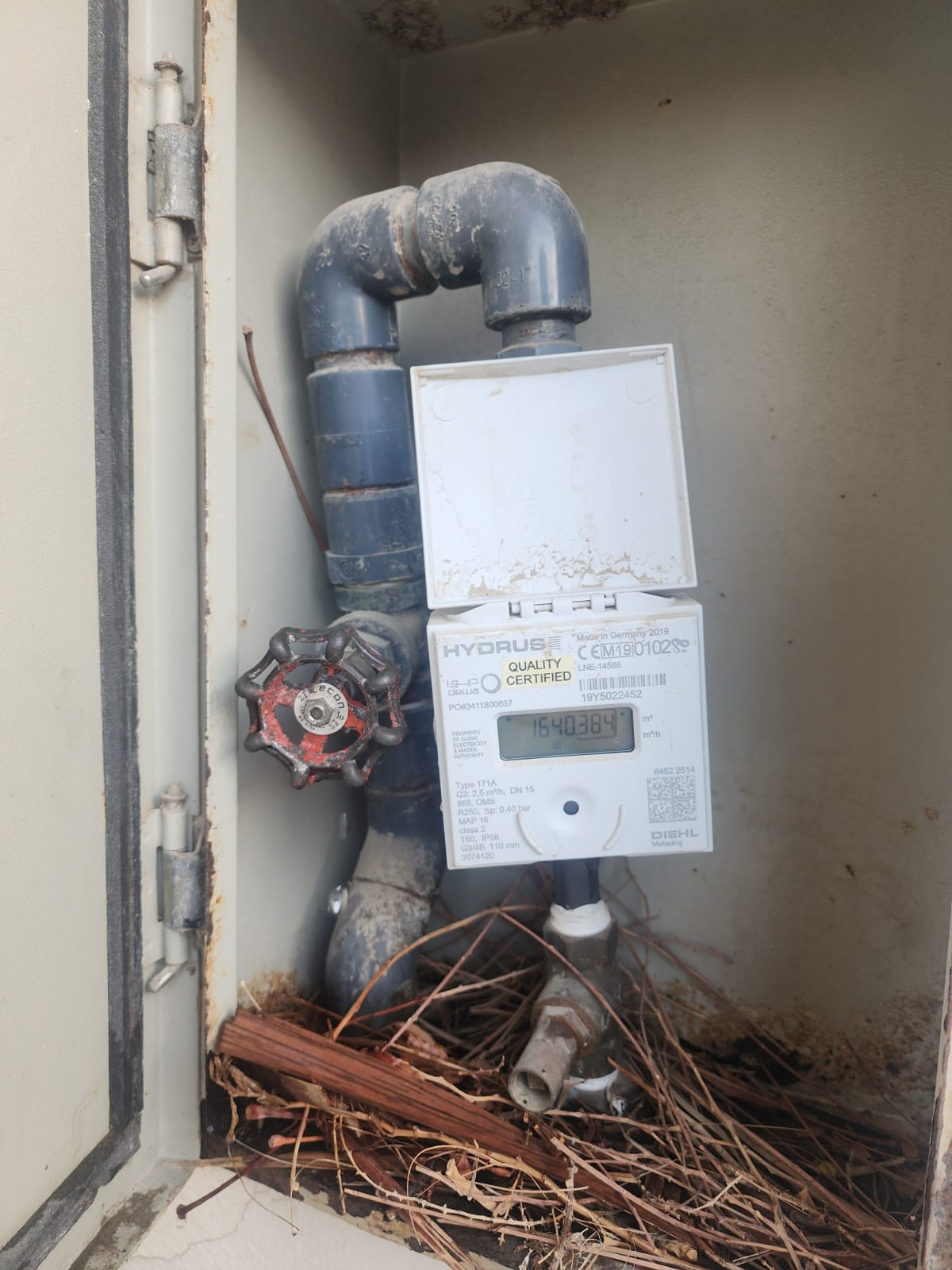 Leaking main water valve and meter in a Springs villa, Dubai