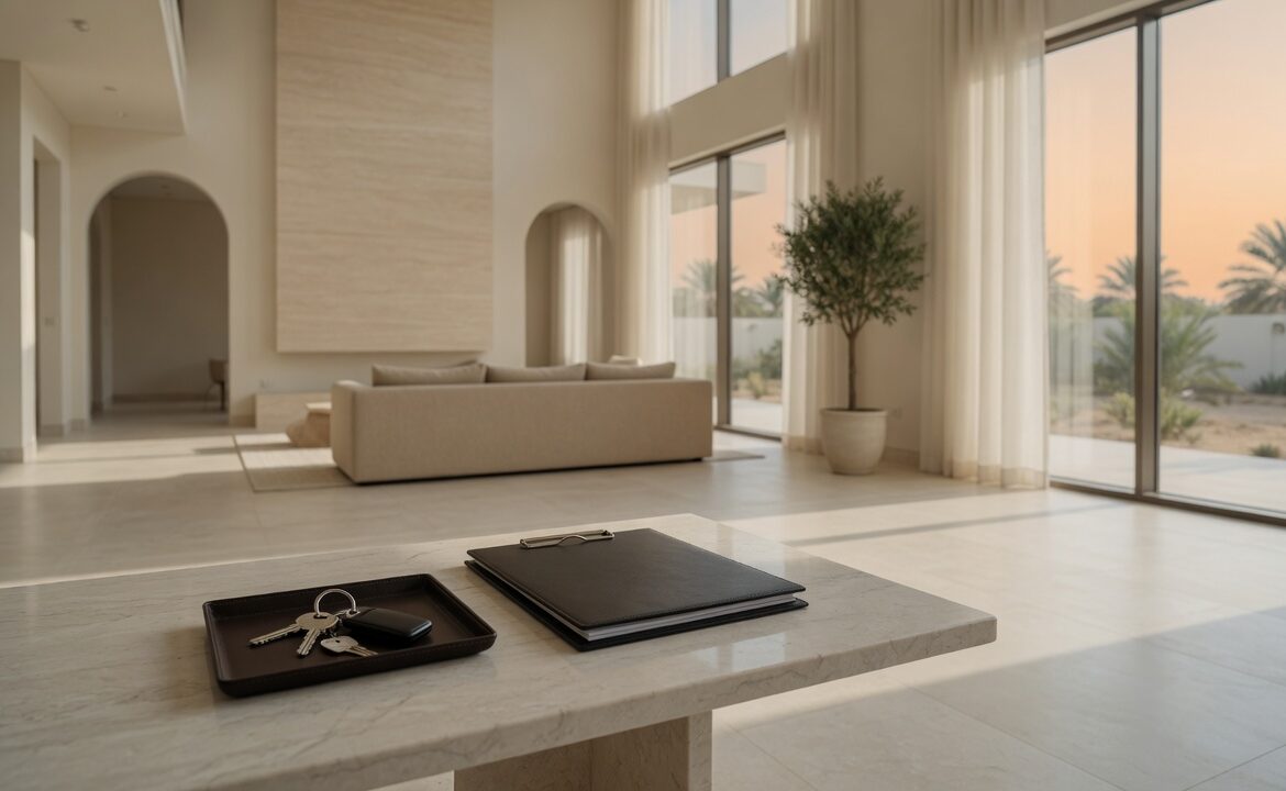 House keys and an inspection folder on a marble table in an empty UAE villa on handover day