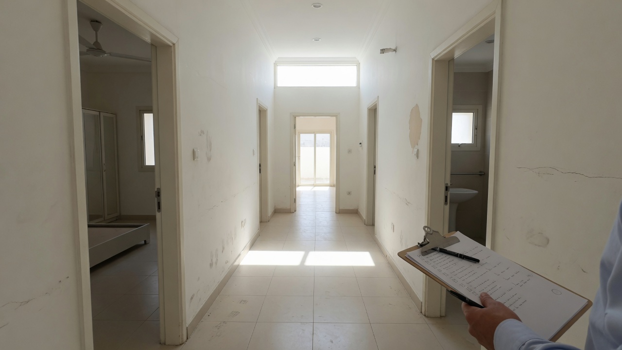 Daylight inspection of an empty residential corridor: ordinary wall marks, not a capital-repair quote