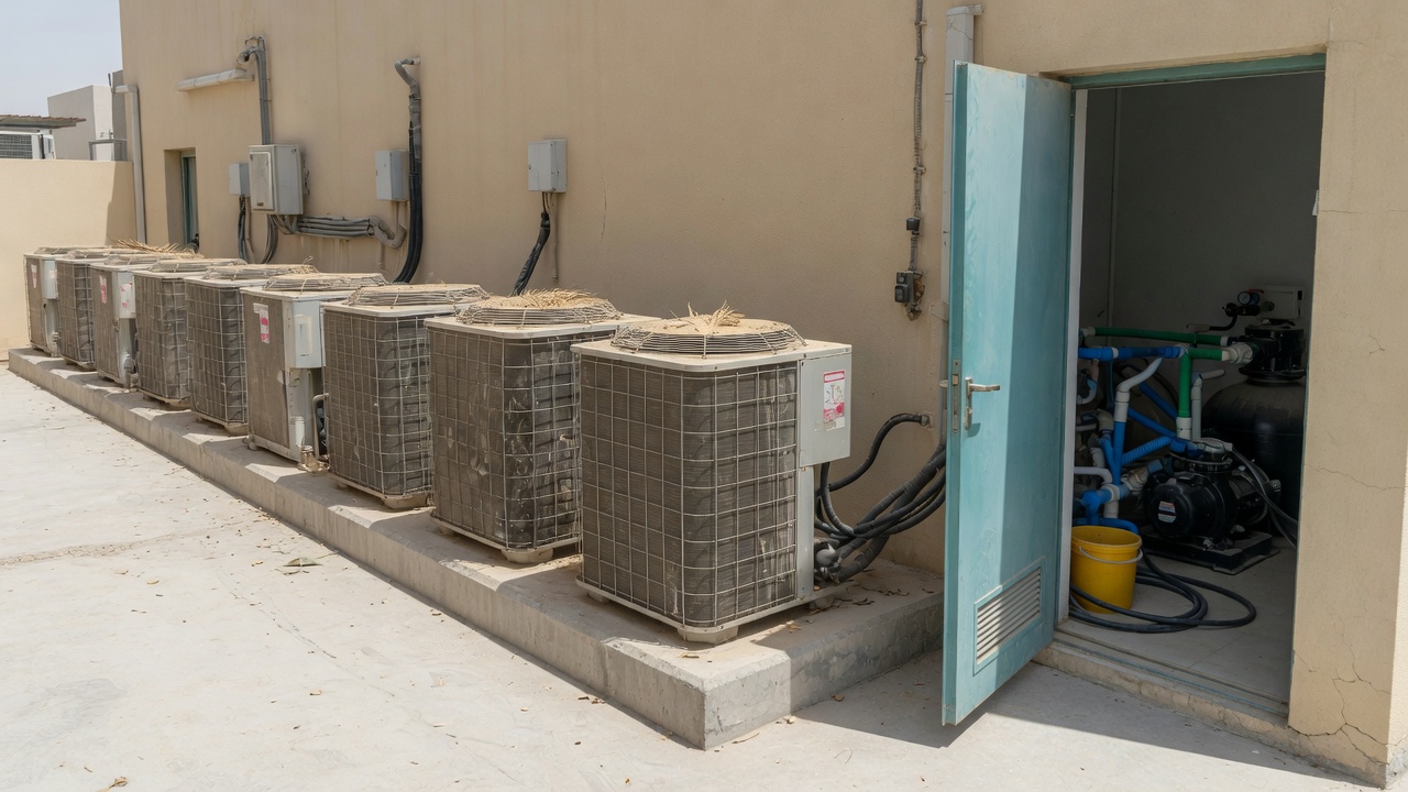Outdoor air-conditioning condensers and a pool plant room — the owner’s systems, not tenant housework