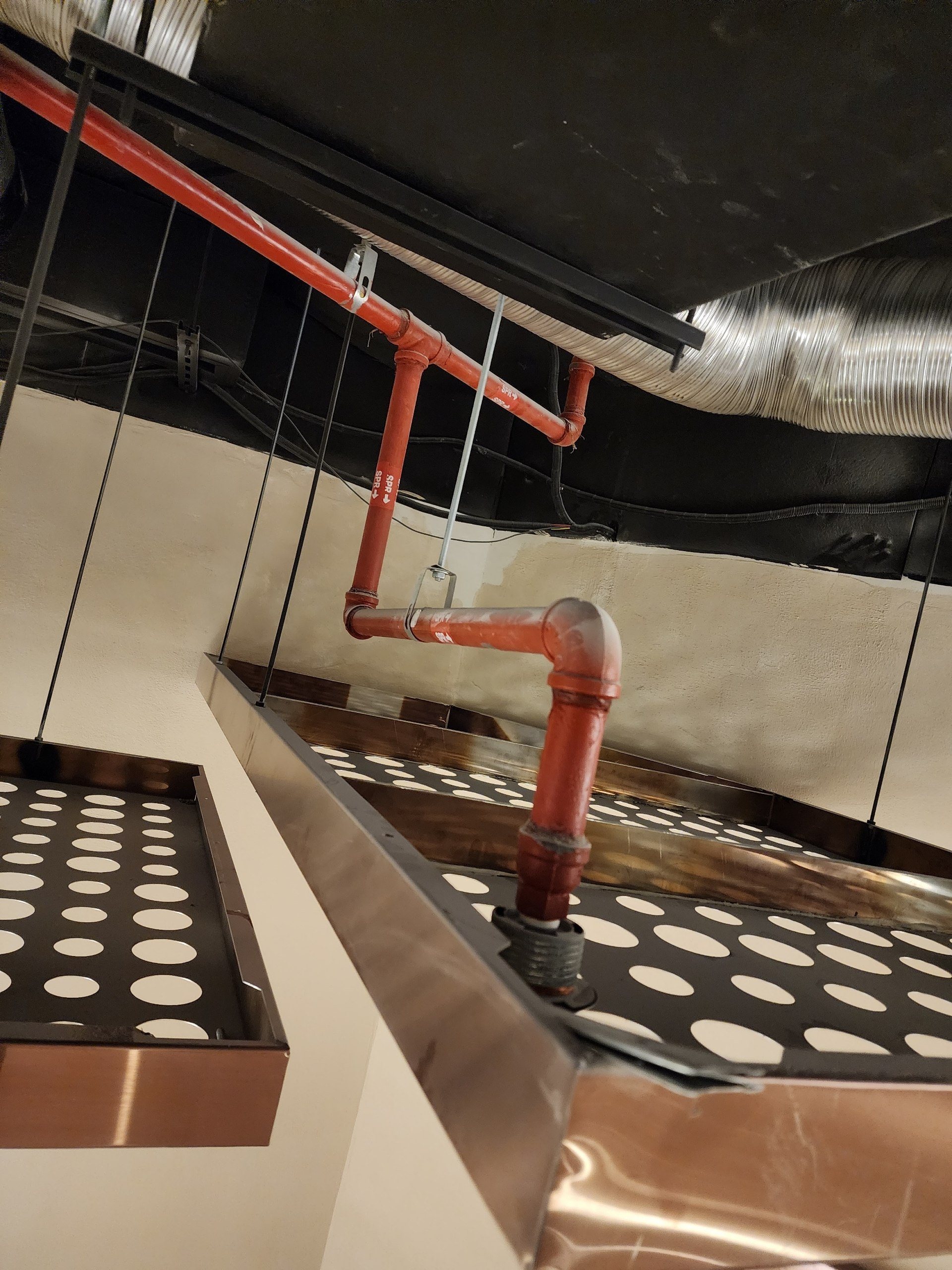 A red sprinkler pipe passing through a perforated metal ceiling panel.