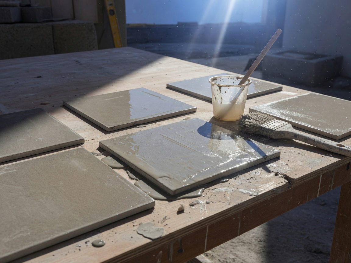 Microcement sample boards with still-wet varnish on an outdoor table.